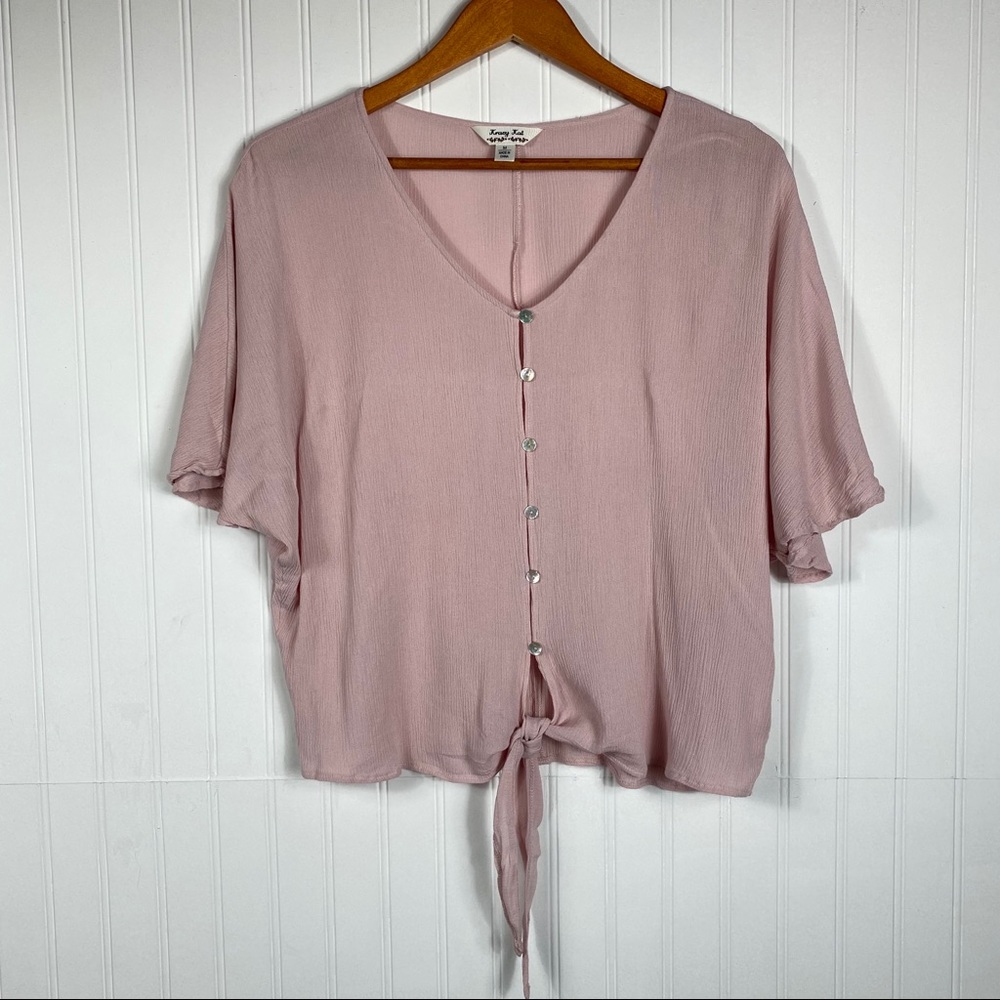 Blush pink button up tie front short sleeve blouse